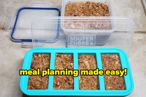 reviewer image of the souper cubes filled with pulled chicken chili; text overlaid reads "meal planning made easy"