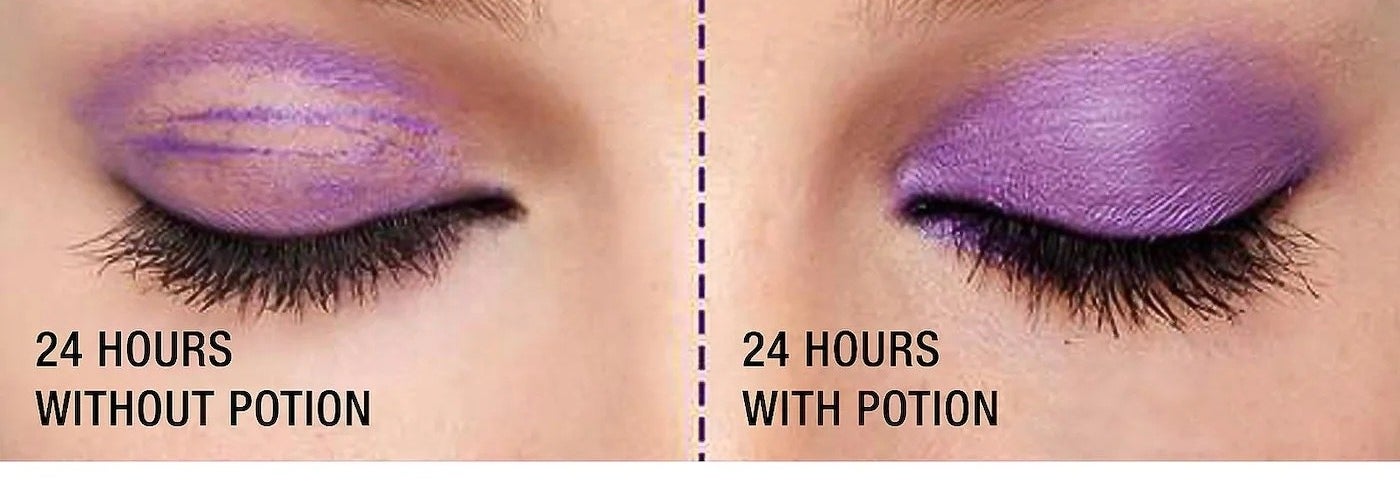 A comparing photoset of eye makeup with and without the potion 24 hours after application