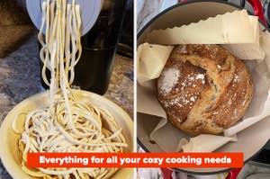 Pasta being extruded from a pasta maker into a bowl / loaf of homemade bread inside a Dutch oven / text: everything for all your cozy cooking needs