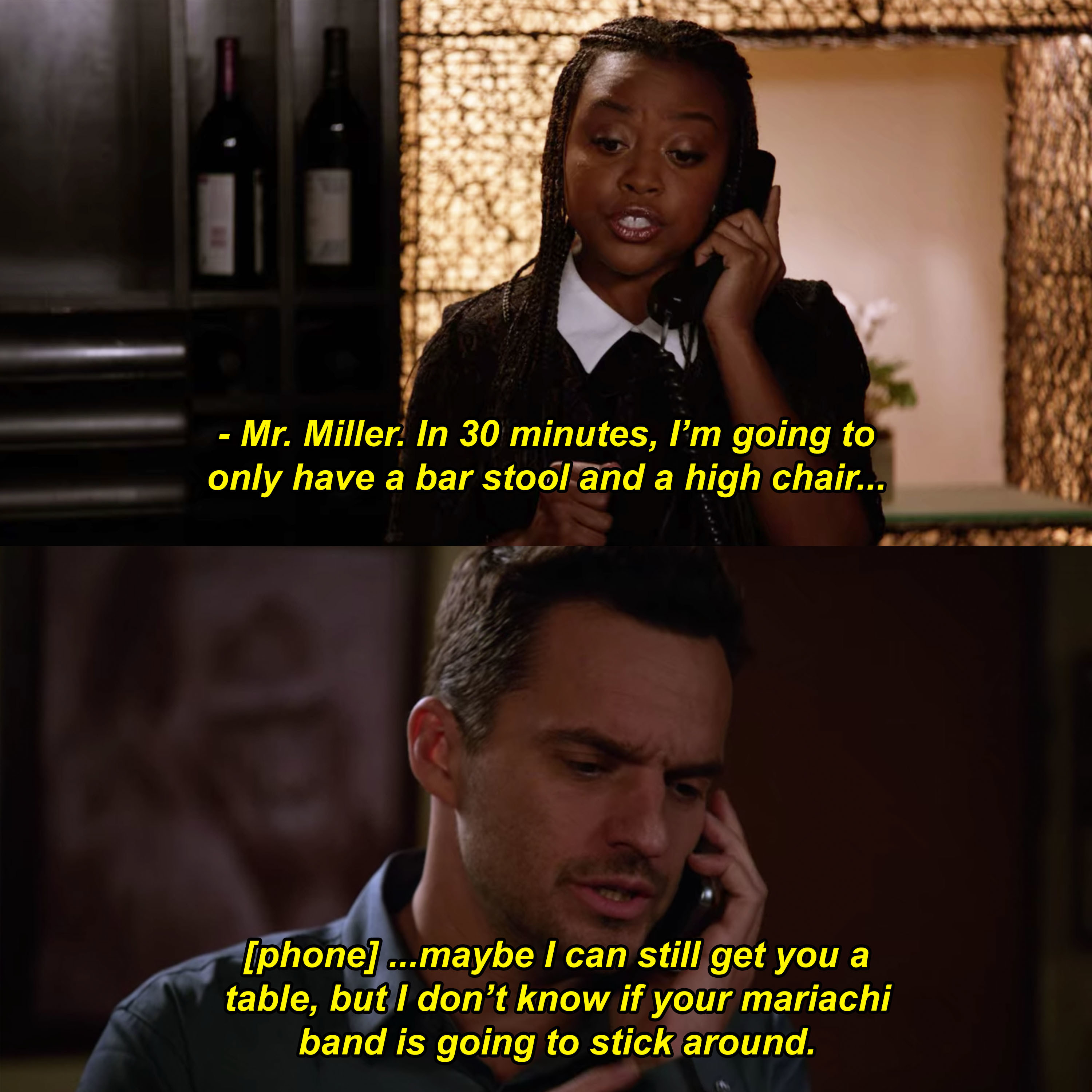 Quinta Brunson as Annabelle warns Nick (Jake Johnson) that he&#x27;s going to lose the table he&#x27;s reserved at her restaurant