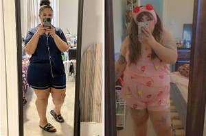 left: reviewer mirror selfie wearing navy blue PJs with white piping. right: reviewer mirror selfie wearing strawberry pajamas