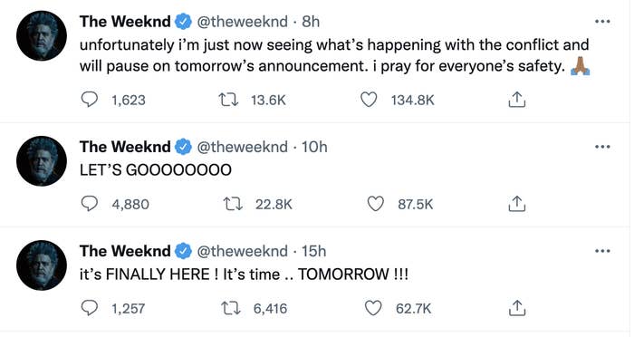 Three tweets from The Weeknd showing the mood change from excitement to concern