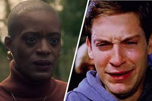 T'Nia Miller as Hannah Grose in the show "The Haunting of Bly Manor" and Tobey Maguire as Peter Parker in the movie "Spider-Man."