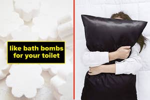 flower shaped bath bombs, person hugging a satin pillowcase