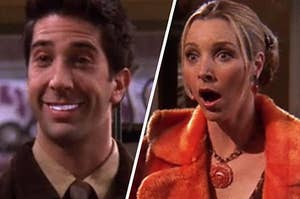 Ross shows off his blinding white teeth while Phoebe stands with her mouth open in shock.