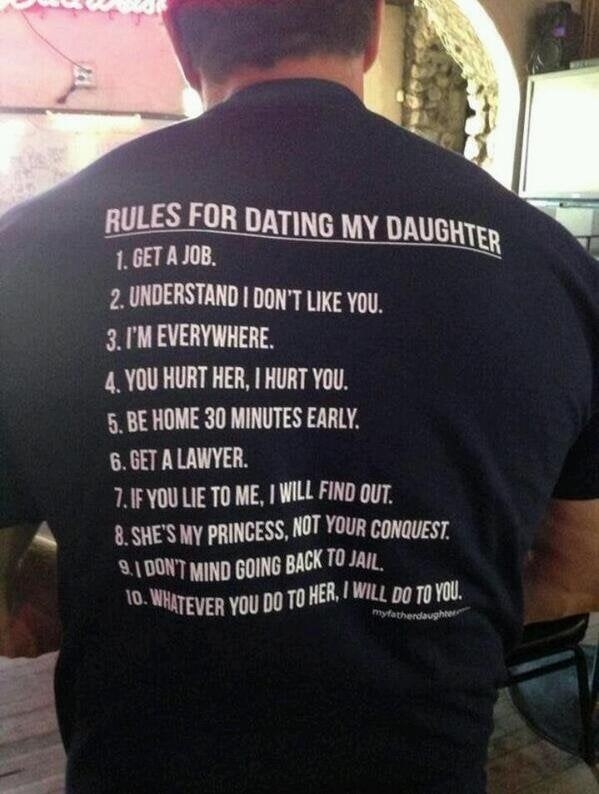 A dad wearing a shirt with &quot;rules for dating my daughter&quot; written on the back