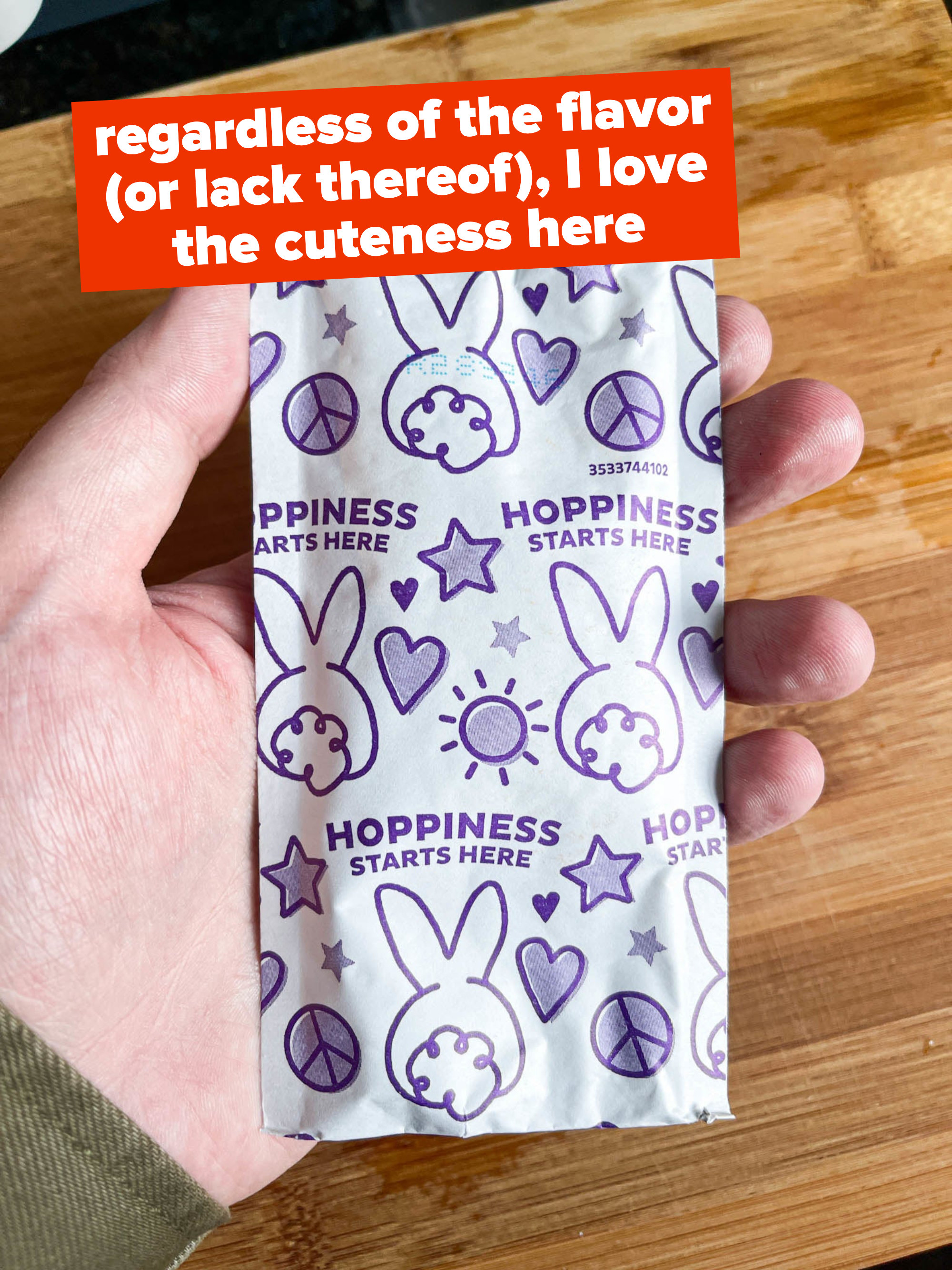 Cute-looking cheese packet in the author&#x27;s hand with bunnies on it and &quot;hoppiness starts here&quot;, with text &quot;regardless of the flavor, I loved the cuteness here&quot;