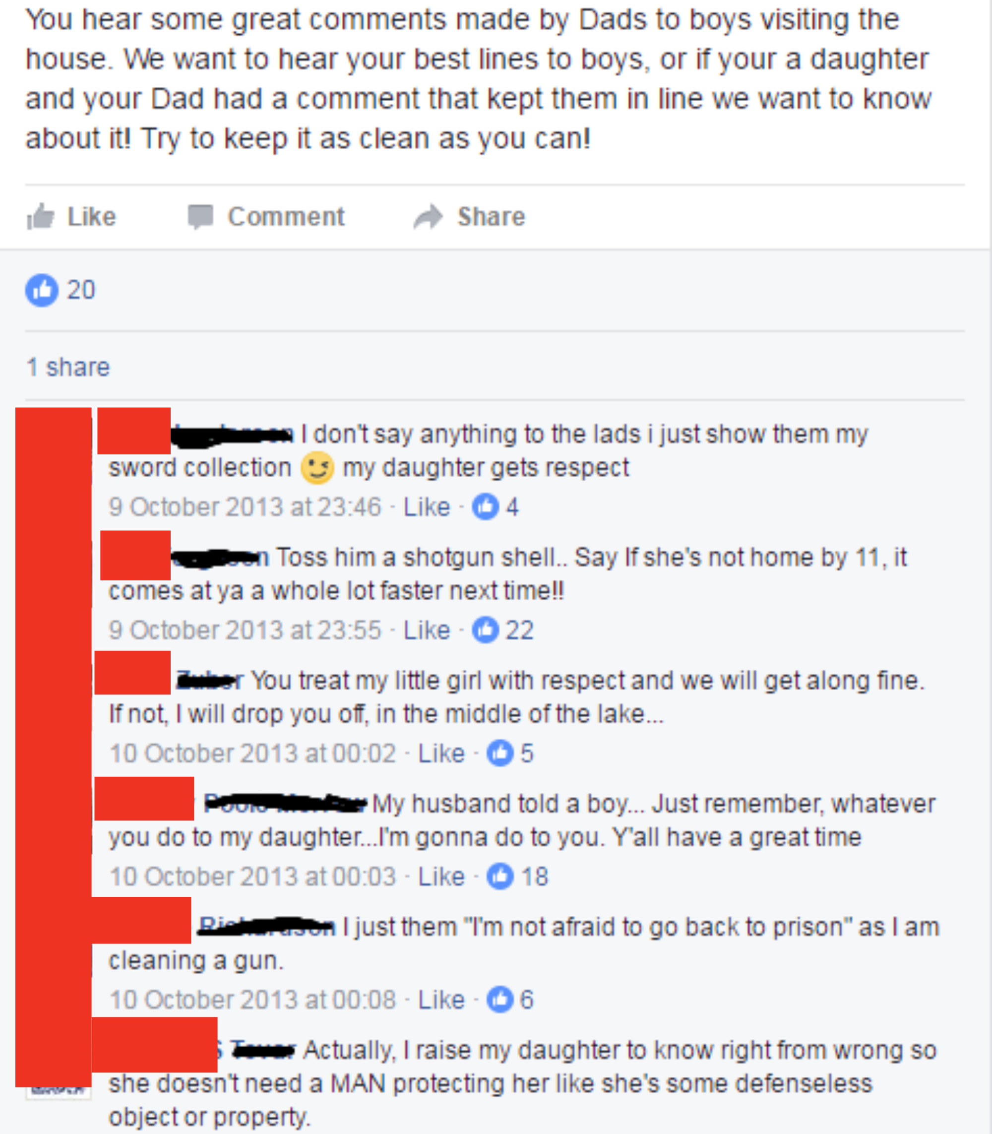A series of Facebook comments of people sharing what they say to boys dating their daughters