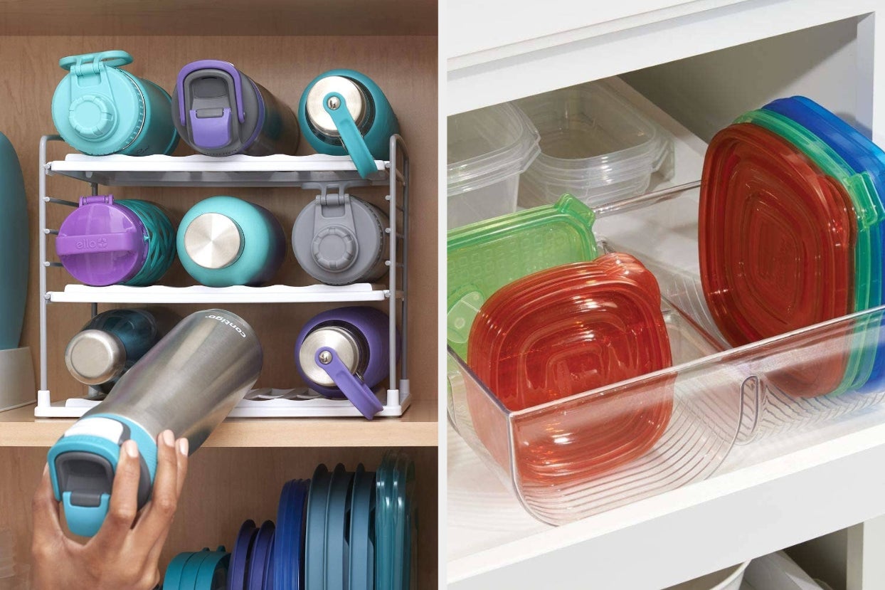 Model placing water bottle in shelving unit, and tupperware lids placed in organizer