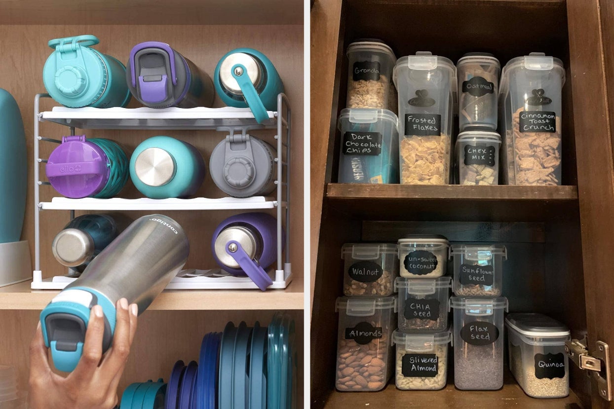 Model placing water bottle in shelving unit, and reviewer's cabinet with various storage tubs