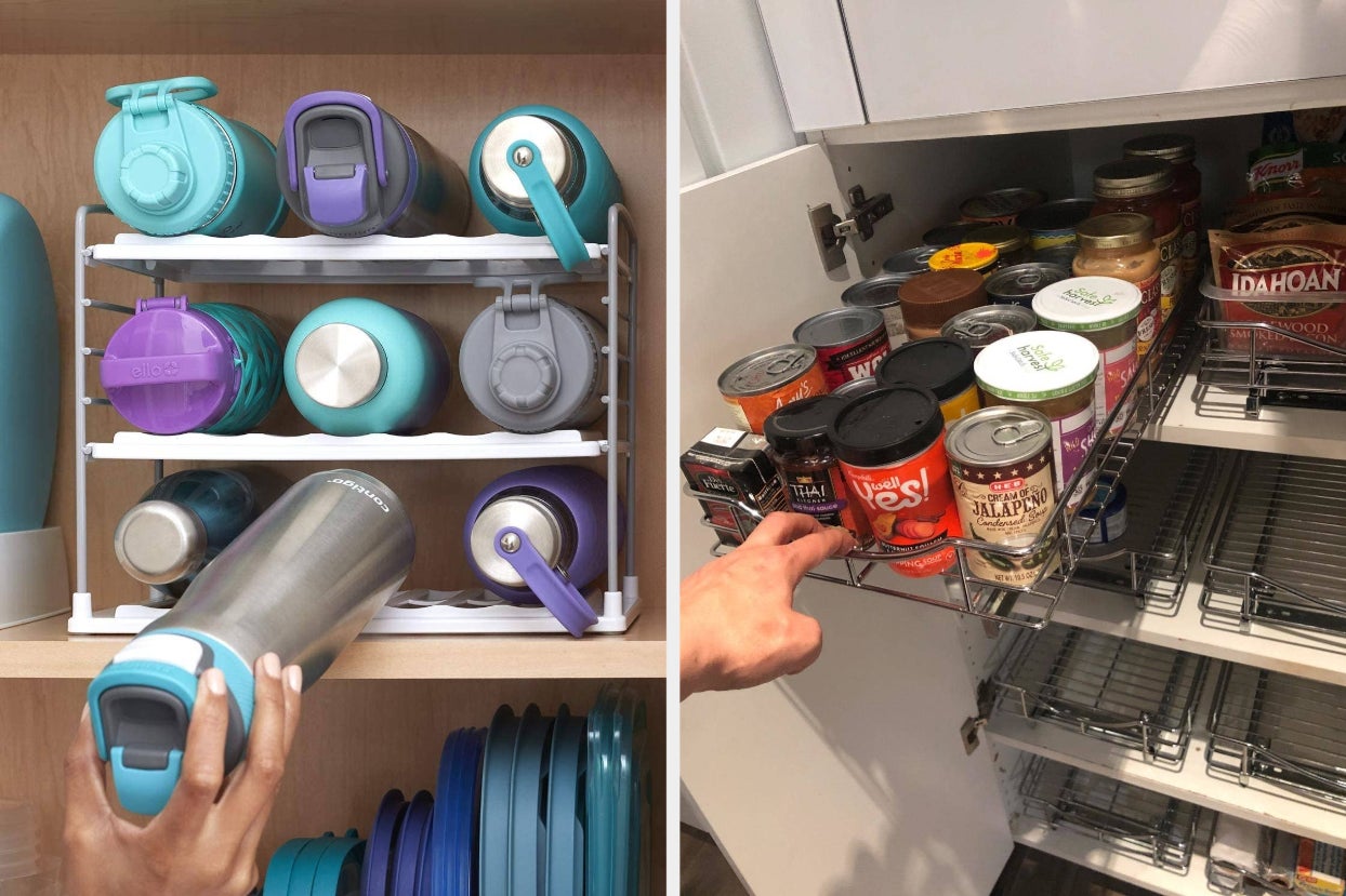 Model placing water bottle in shelving unit, and model pulling drawer out of cabinet