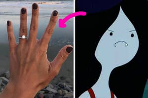 an engagement ring on the left and marceline on the right
