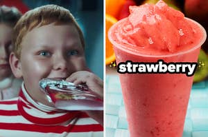 On the left, Augustus Gloop from Charlie and the Chocolate Factory eating a Wonka Bar, and on the right, a strawberry slushie