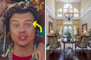 On the left, Harry Styles opening his eyes wide in the Watermelon Sugar music video with an arrow pointing to one of his eyes, and on the right, a posh living room with two armchairs and two couches with a chandelier hanging above