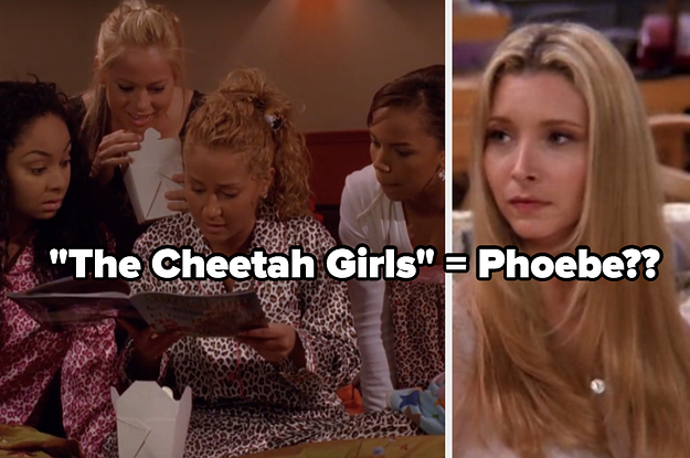 The four members of the band The Cheetah Girls sit on one of their beds and a close up of Phoebe Buffay as she looks to the side