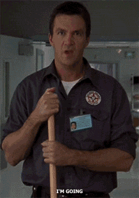 A scene from Scrubs with the Janitor threatening to kill JD for no reason