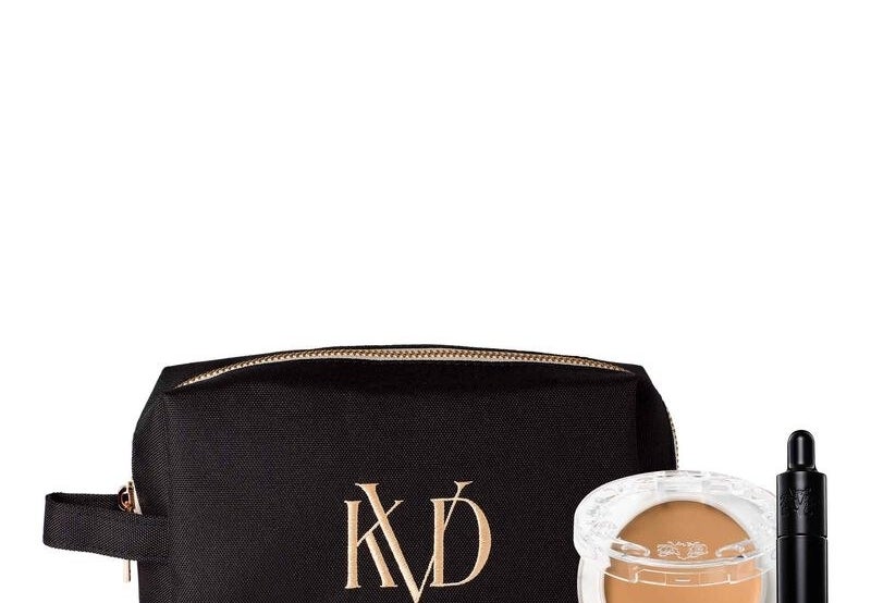the foundation, concealer, and bag with &#x27;KVD&#x27; on the side