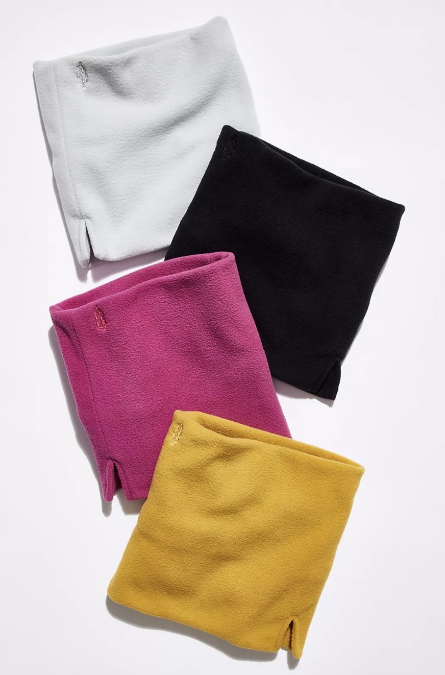 The four tube scarves in white, black, pink and yellow