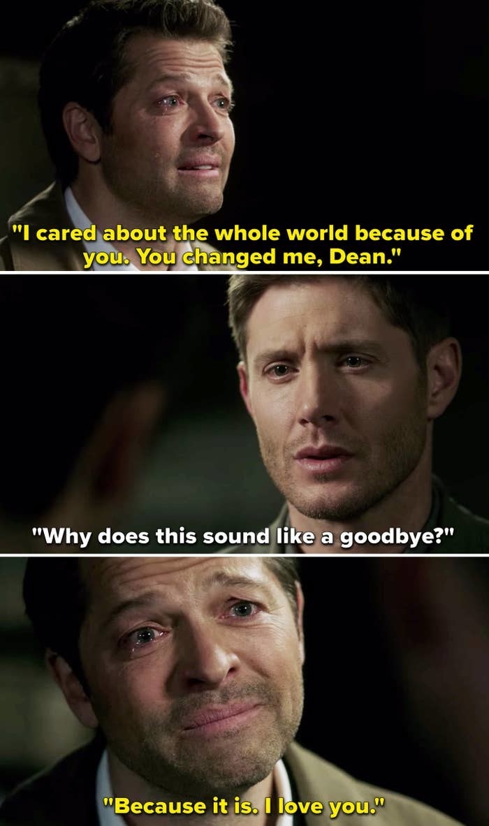 Castiel says he cared about the whole world because of Dean and loves him and is saying goodbye