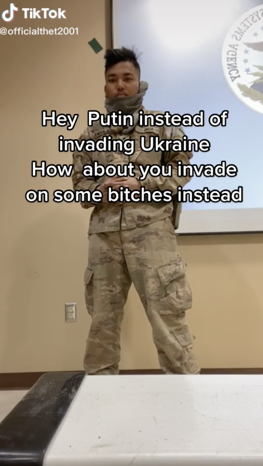 TikTok with caption &quot;Hey Putin instead of invading Ukraine how about you invade on some bitches instead&quot;