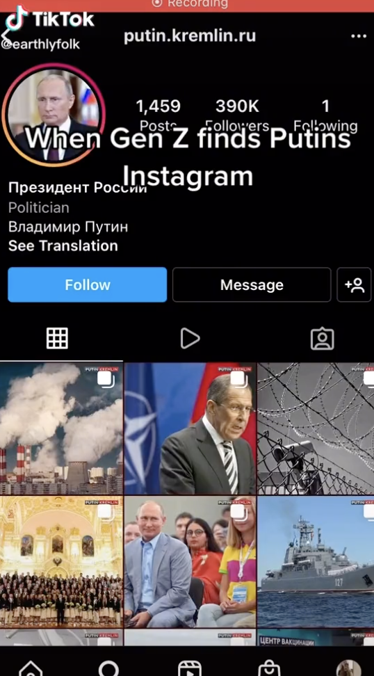 TikTok with caption &quot;When Gen Z finds Putin&#x27;s Instagram&quot;