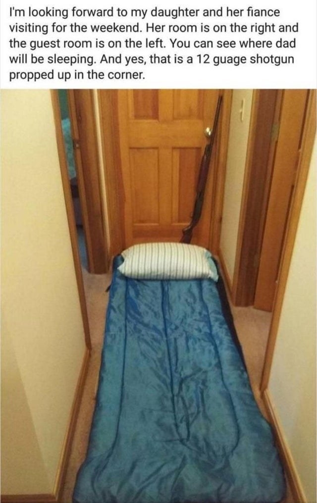 A sleeping bag and shotgun lying in a hallway between two bedrooms with text from a social media post from a dad about how he&#x27;s going to sleep there to keep his daughter and her fiancé separated