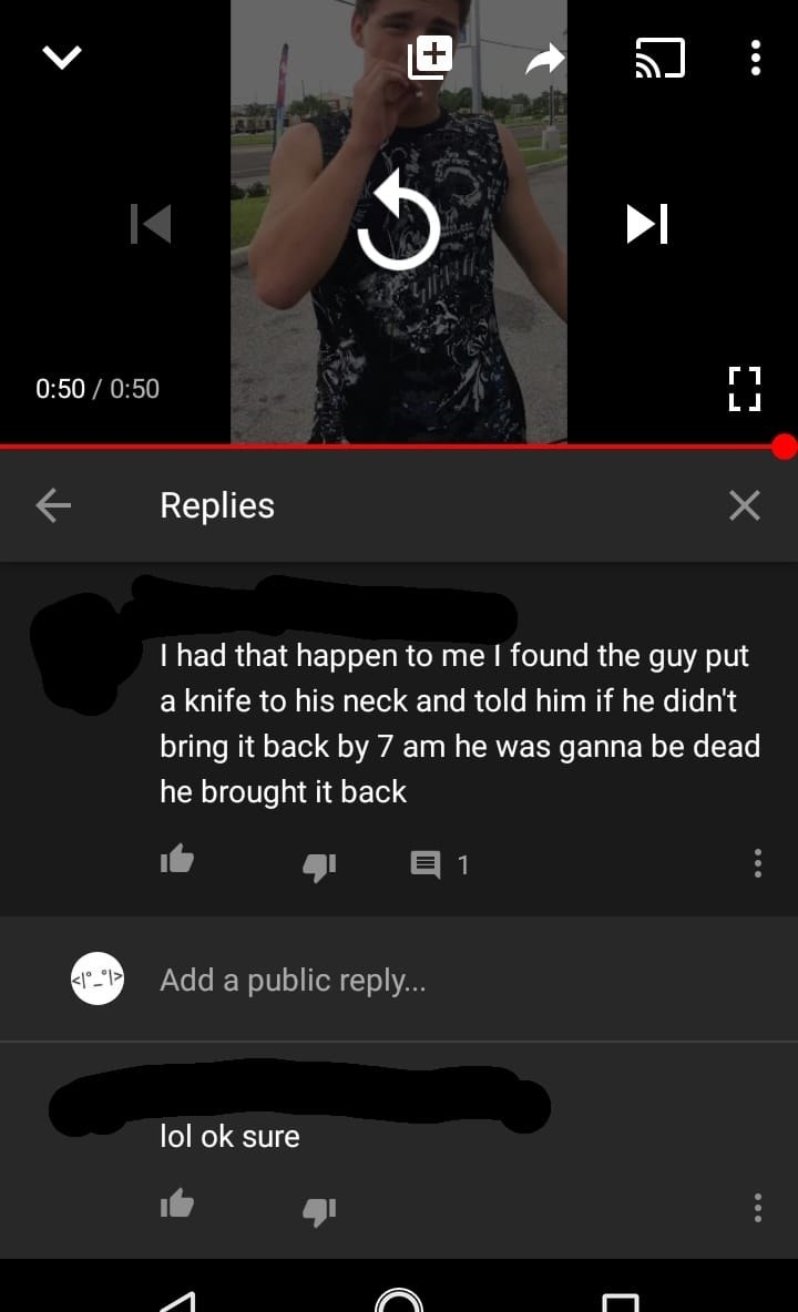 A YouTube comment from a guy claiming he tracked down the guy who stole his daughter&#x27;s bike and held a knife to his neck demanding it back