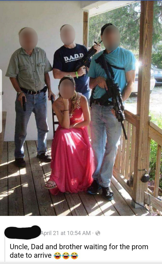A girl in a dress surrounded by three men holding guns with a Facebook caption that reads &quot;Uncle, dad and brother waiting for the prom date to arrive&quot;