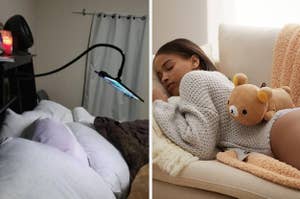 to the left: an arm that holds a tablet over a bed, to the right: a model with a bear-shaped heating pad