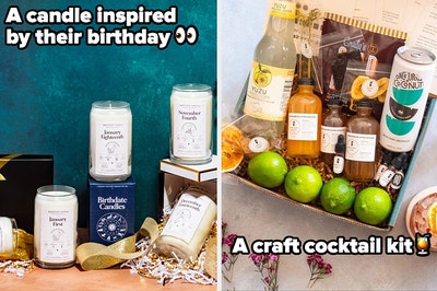 birthdate candles with text: a candle inspired by their birthday / a cocktail kit with text: a craft cocktail kit