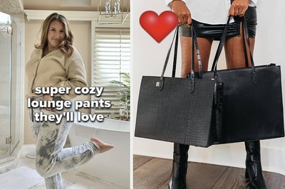 left image: person wearing softwear lounge pants; right image: beis work totes in black 