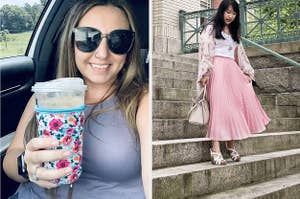 on right, reviewer holds iced coffee placed inside floral sleeve. on right, reviewer wears flowy pink skirt with white sandals