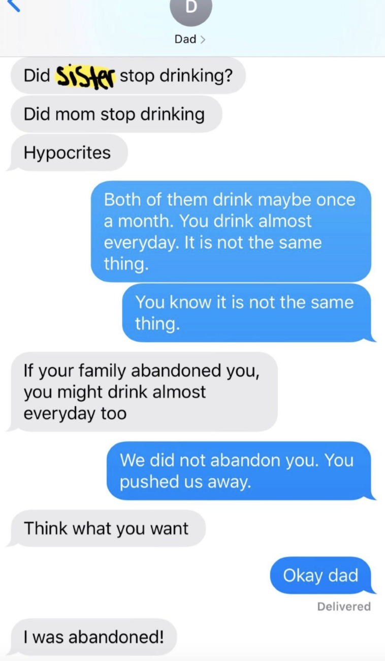 Dad calling his daughter and ex-wife wife hypocrites for drinking