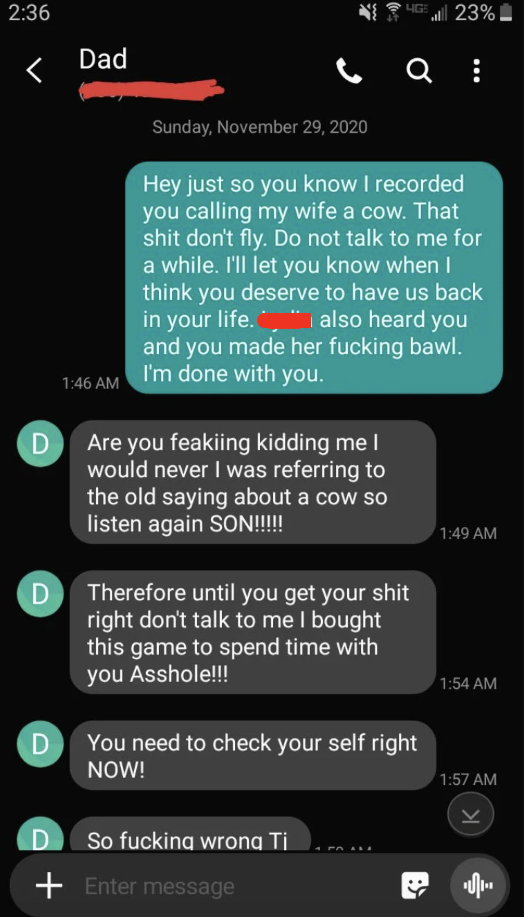 Son calling out his dad for insulting his wife