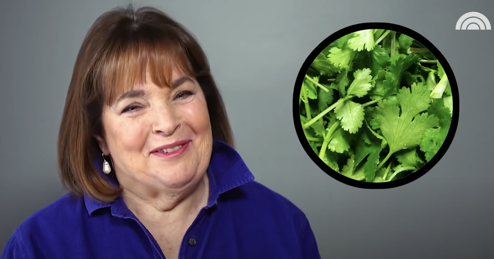 Ina Garten smiling next to a picture of cilantro