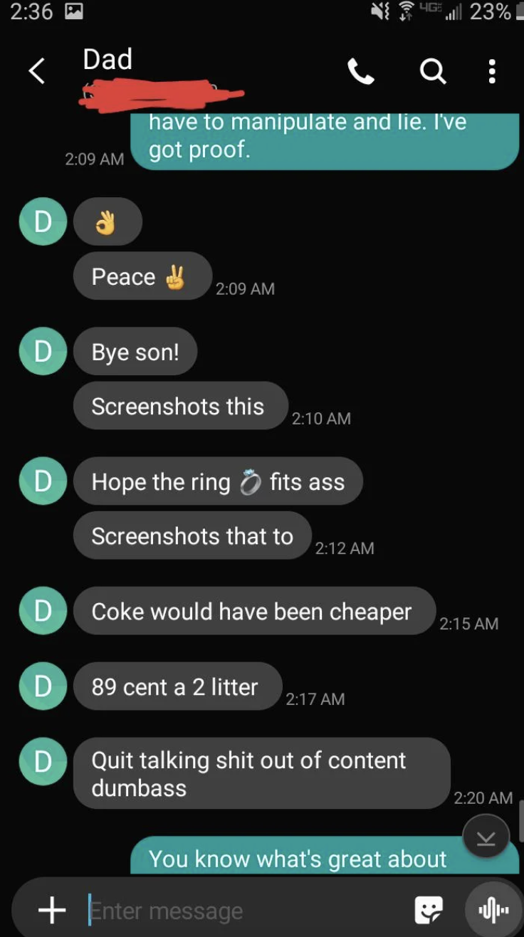 Dad: &quot;Coke would have been cheaper. Quit talking shit out of context, dumbass&quot;
