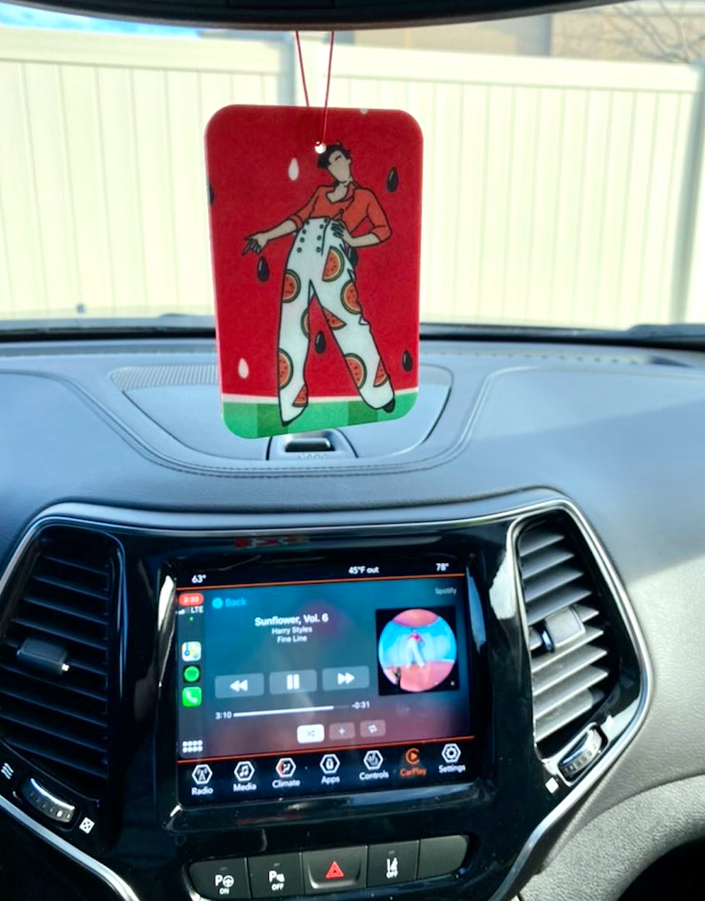 air freshener featuring an illustration of the Watermelon Sugar cover art hanging in a BuzzFeed editor's car