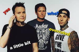 A band is gathered in a promo shot labeled, "yes, who, overrated, a little bit"