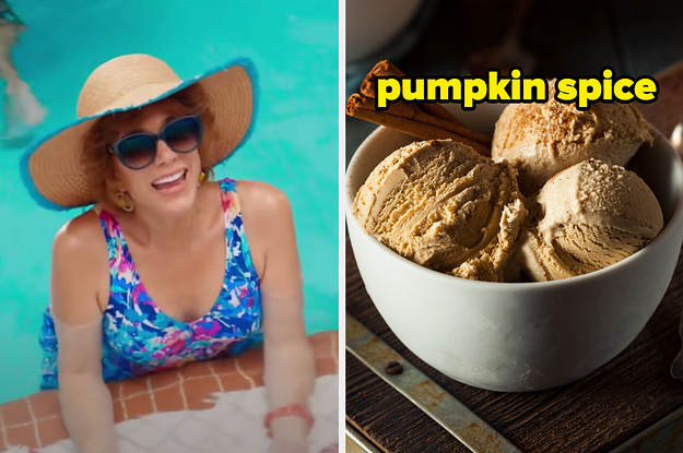 On the left, Kristen Wiig standing in a pool with sunglasses and a sun hat on as Star in Barb and Star Go to Vista Del Mar, and on the right, a bowl of pumpkin spice ice cream