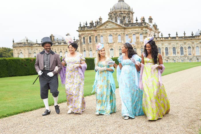The cast of "The Courtship" dressed in Regency era clothes