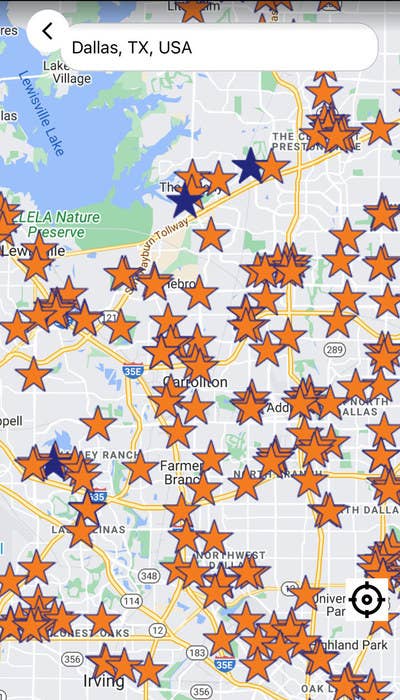 A screenshot of the interactive app map, centered on Dallas