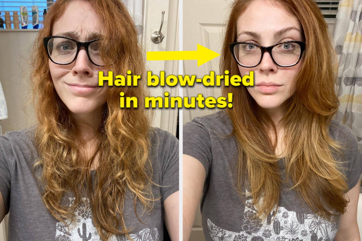 from left to right: reviewer with copper wavy hair that's slightly damp and frizzy. on right, same reviewer with smoother, blown-out hair after using Revlon One-Step Dryer