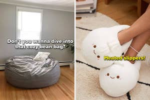 left image: giant bean bag, right image: heated dumpling slippers