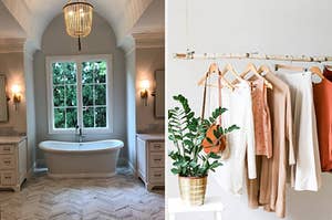reviewer's bathroom with a beaded chandelier / clothing hanging on a wooden branch clothing rack