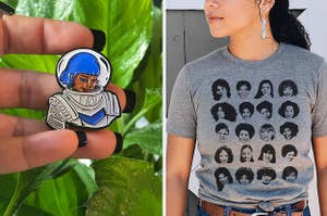 a pin from lovecraft country and t shirt of black tv moms 