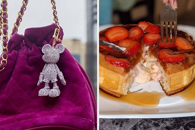 to the left: a bedazzled purple mickey keychain, to the right: a stuffed waffle