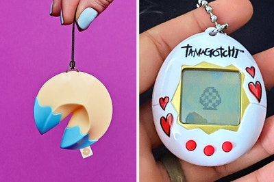 to the left: a fortune cookie keychain, to the right: a tamagotchi