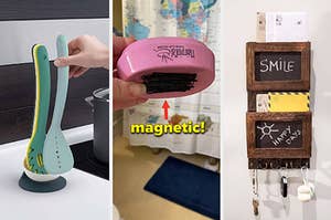magnetic kitchen utensil holder / magnetic bobby pin holder / mail holder with two shelves and six hooks