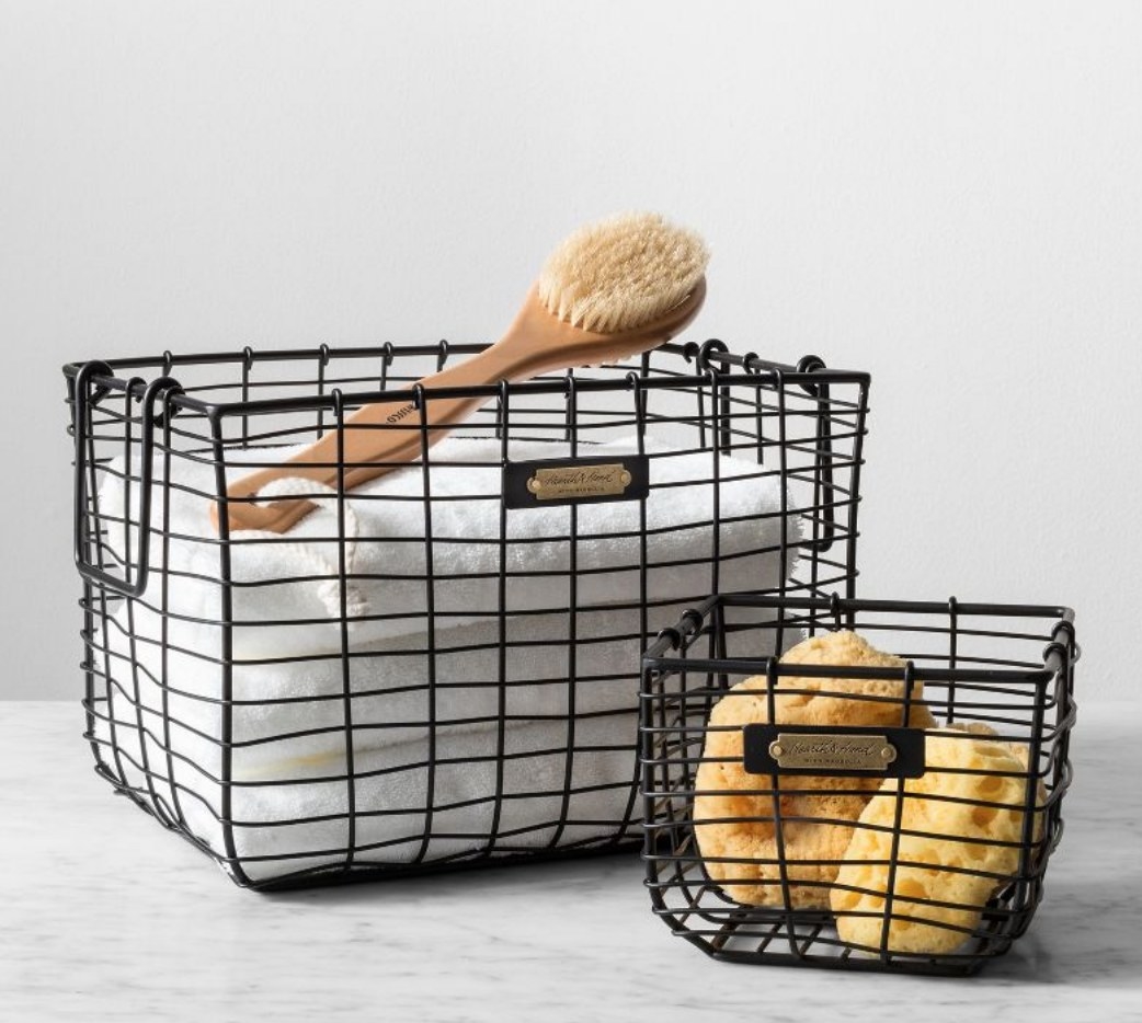 Two black wire baskets