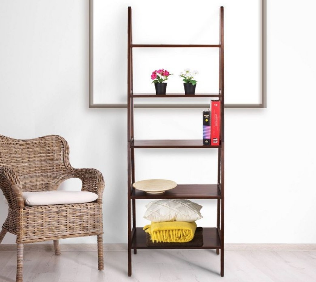 A brown 5-tier ladder bookcase